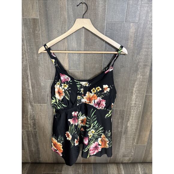 Kona Sol Women's Tropical Floral Swim‎ Tankini Top Built In Bra 18W Beach - Picture 1 of 8